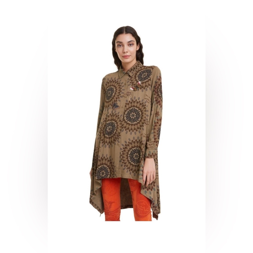 Desigual Women's Olive Patterned High-Low Embroidered Tunic Shirt Dress Size M